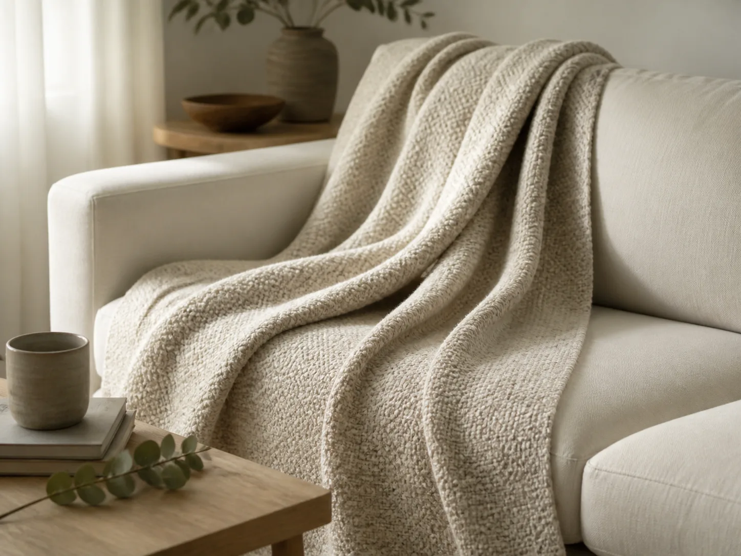 Folded neutral throw blanket on an ivory chair