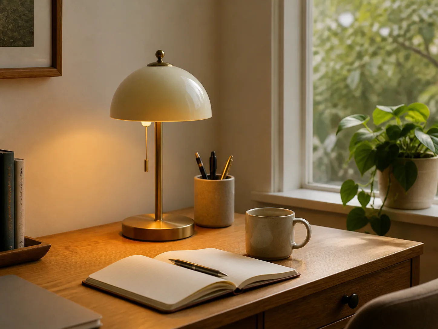 Compact warm desk lamp beside a notebook and tea